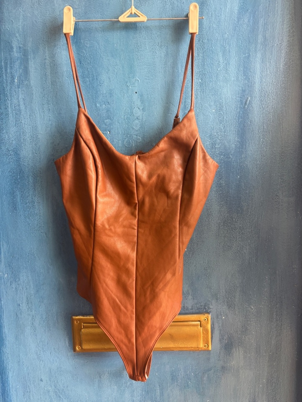 Brown Faux Leather Spaghetti Strap Bodysuit